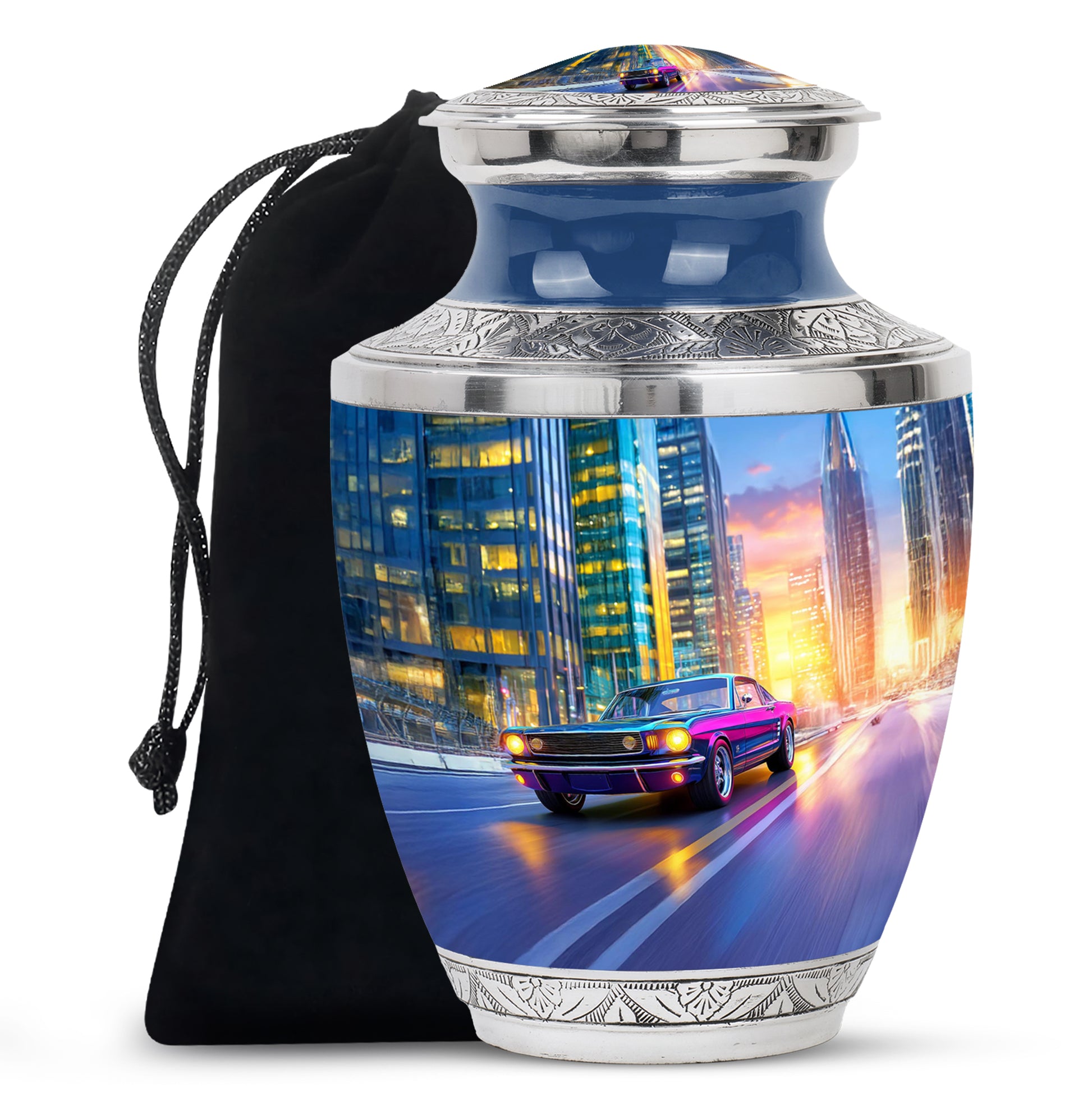 Icy Blue Car Cremation Urn side profile showing urn shape - modern art-inspired car motif on sleek aluminum - full-size 10 inch 200 cubic inch adult cremation urn
