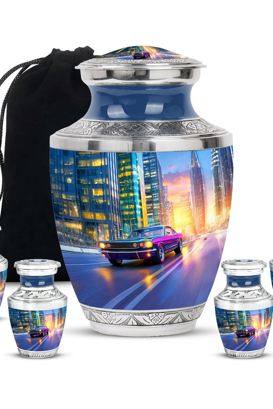 Slate Blue Car Cremation Urn lifestyle display on memorial shelf - contemporary car design with modern artistic flair - memorial set with one large and four small urns