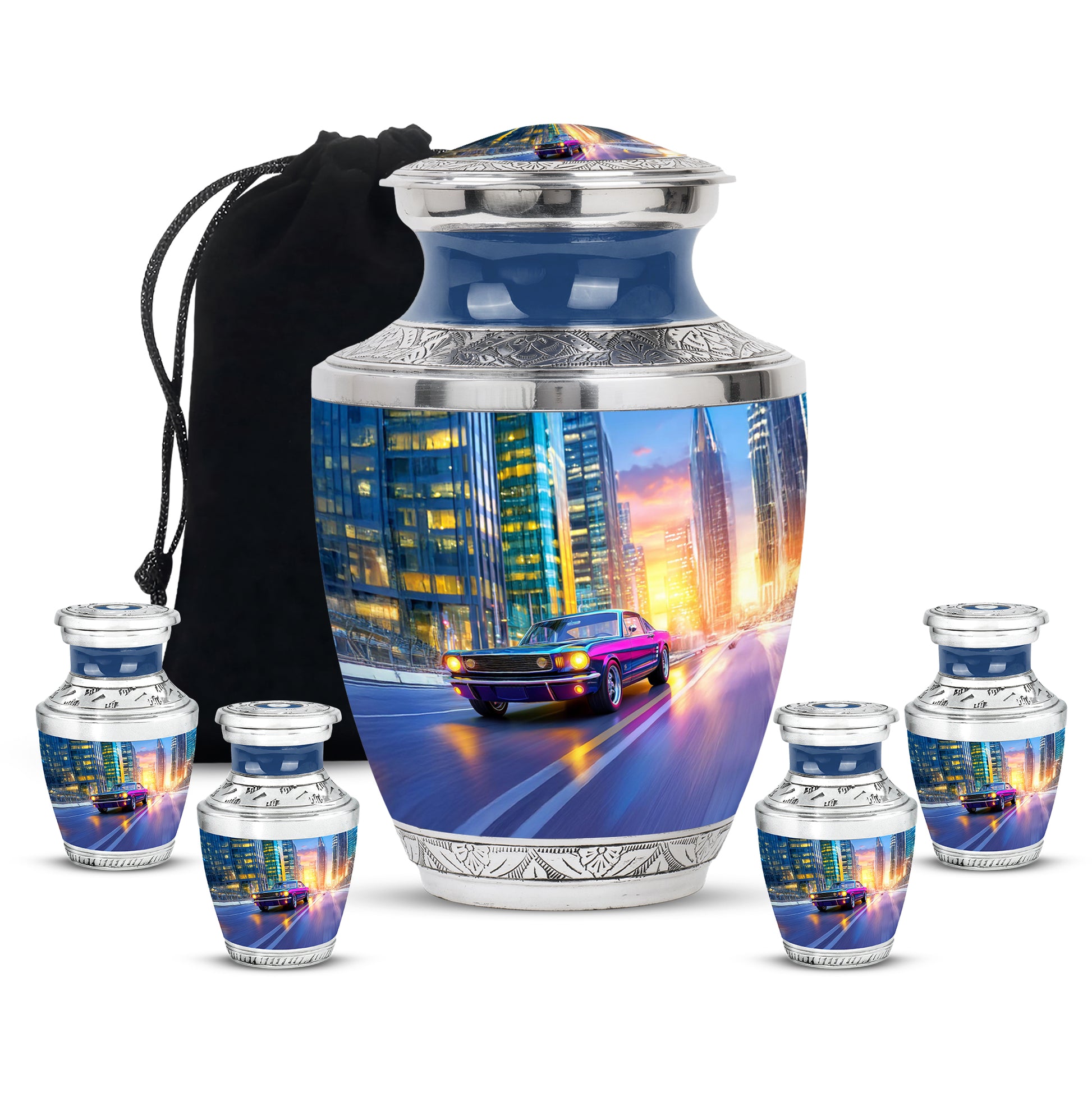 Slate Blue Car Cremation Urn lifestyle display on memorial shelf - contemporary car design with modern artistic flair - memorial set with one large and four small urns