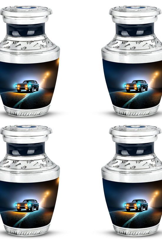 Dark Black Car Cremation Urn back view with polished surface - stylized abstract car pattern with bold lines - 10 inch aluminum urn for cremated remains