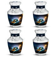 Dark Black Car Cremation Urn back view with polished surface - stylized abstract car pattern with bold lines - 10 inch aluminum urn for cremated remains