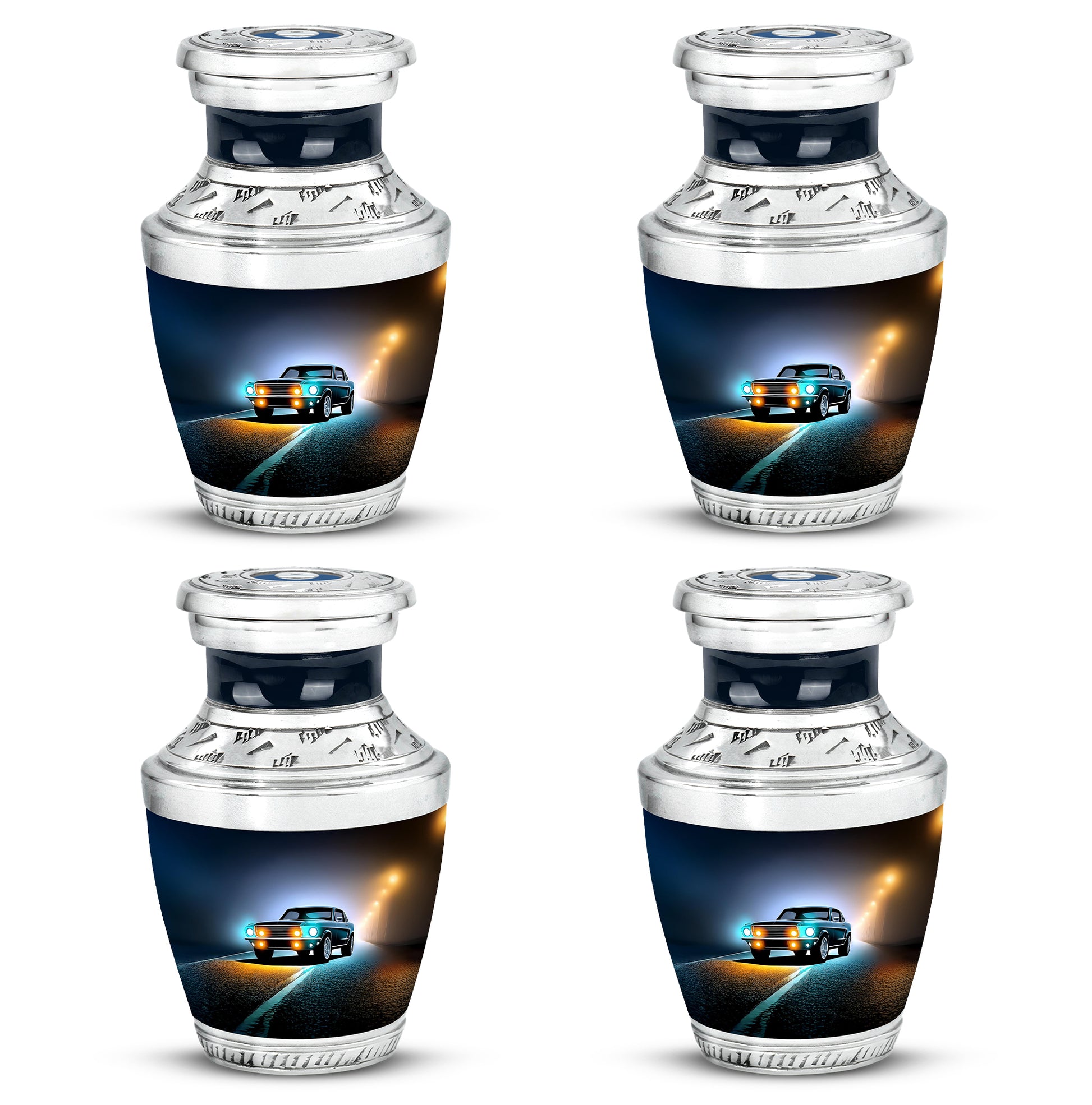 Dark Black Car Cremation Urn back view with polished surface - stylized abstract car pattern with bold lines - 10 inch aluminum urn for cremated remains