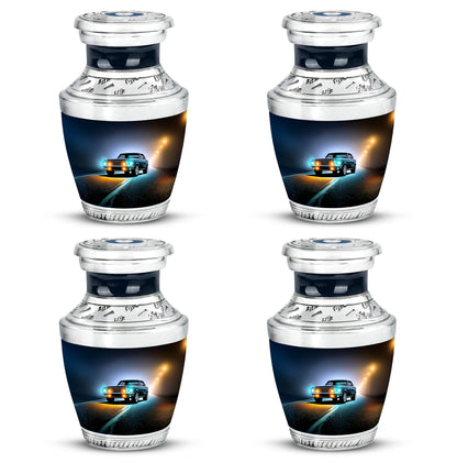 Dark Black Car Cremation Urn back view with polished surface - stylized abstract car pattern with bold lines - 10 inch aluminum urn for cremated remains