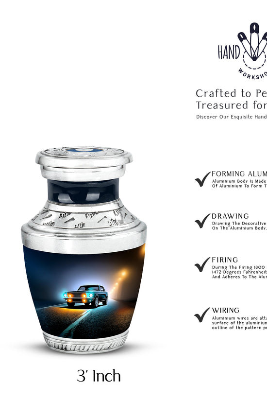 Rich Black Car Cremation Urn top-down view of secure threaded lid - modern art-inspired car motif on sleek aluminum - mini keepsake memorial for portion of cremation ashes