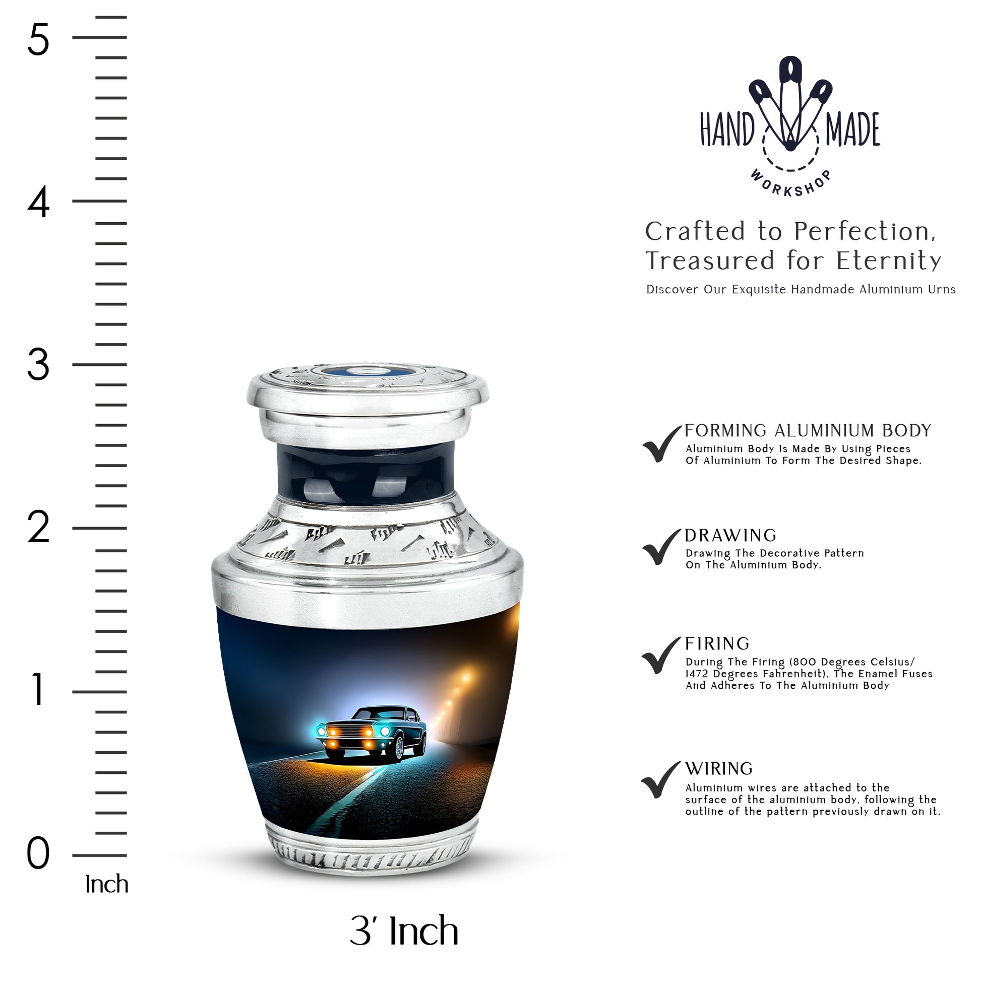 Rich Black Car Cremation Urn top-down view of secure threaded lid - modern art-inspired car motif on sleek aluminum - mini keepsake memorial for portion of cremation ashes