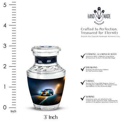 Rich Black Car Cremation Urn top-down view of secure threaded lid - modern art-inspired car motif on sleek aluminum - mini keepsake memorial for portion of cremation ashes