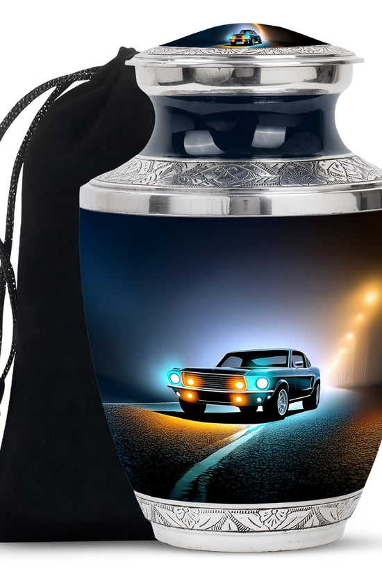 Rich Black Car Cremation Urn side profile showing urn shape - contemporary car design with modern artistic flair - full-size 10 inch 200 cubic inch adult cremation urn