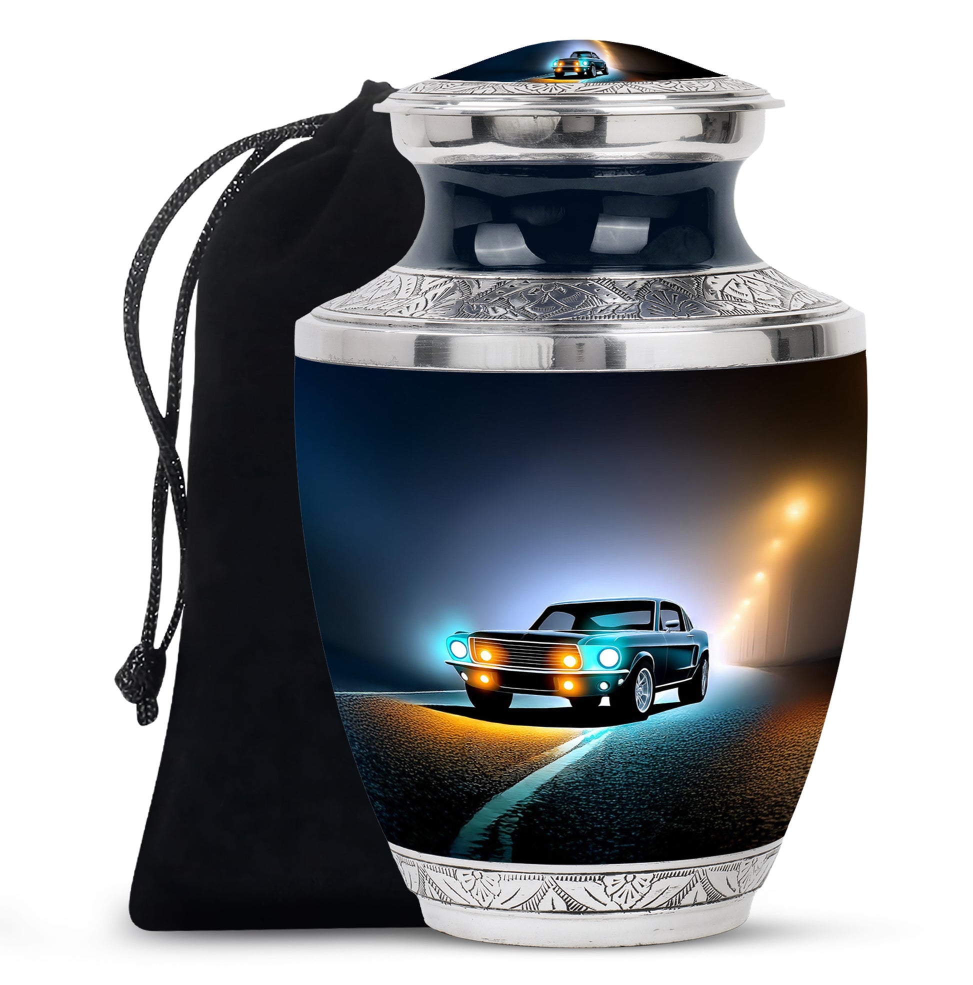Rich Black Car Cremation Urn side profile showing urn shape - contemporary car design with modern artistic flair - full-size 10 inch 200 cubic inch adult cremation urn