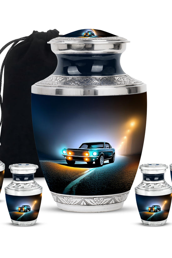 Deep Black Car Cremation Urn lifestyle display on memorial shelf - modern art-inspired car motif on sleek aluminum - memorial set with one large and four small urns