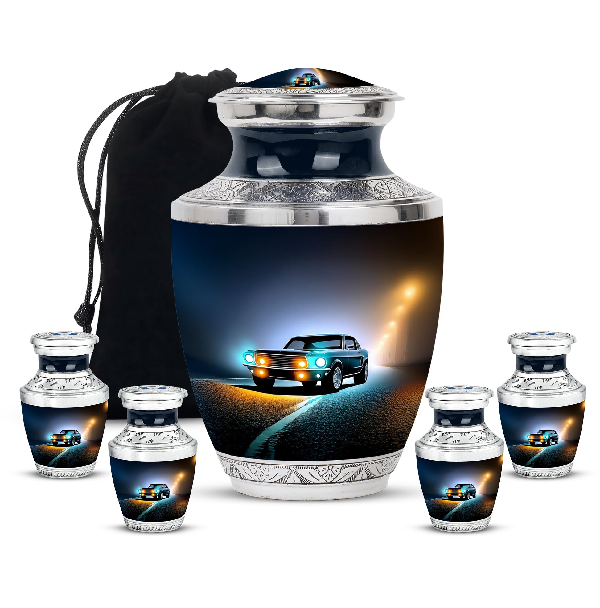 Deep Black Car Cremation Urn lifestyle display on memorial shelf - modern art-inspired car motif on sleek aluminum - memorial set with one large and four small urns