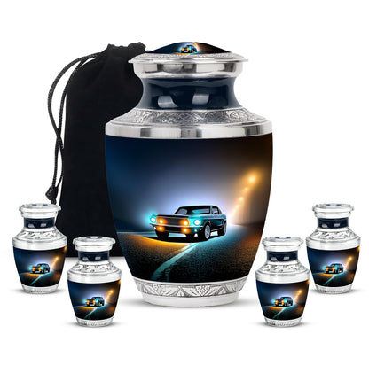 Deep Black Car Cremation Urn lifestyle display on memorial shelf - modern art-inspired car motif on sleek aluminum - memorial set with one large and four small urns