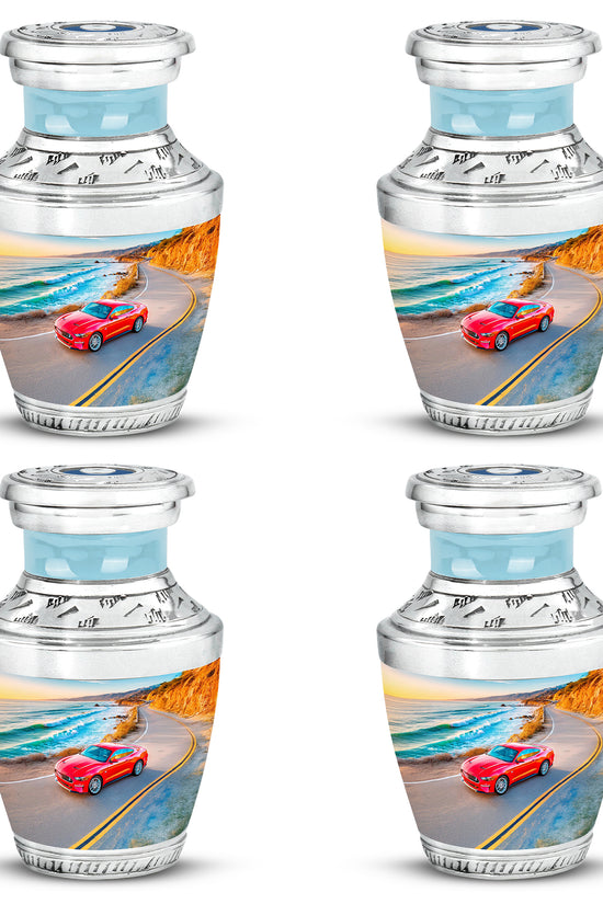Indigo Car Cremation Urn back view with polished surface - contemporary car design with modern artistic flair - 10 inch aluminum urn for cremated remains
