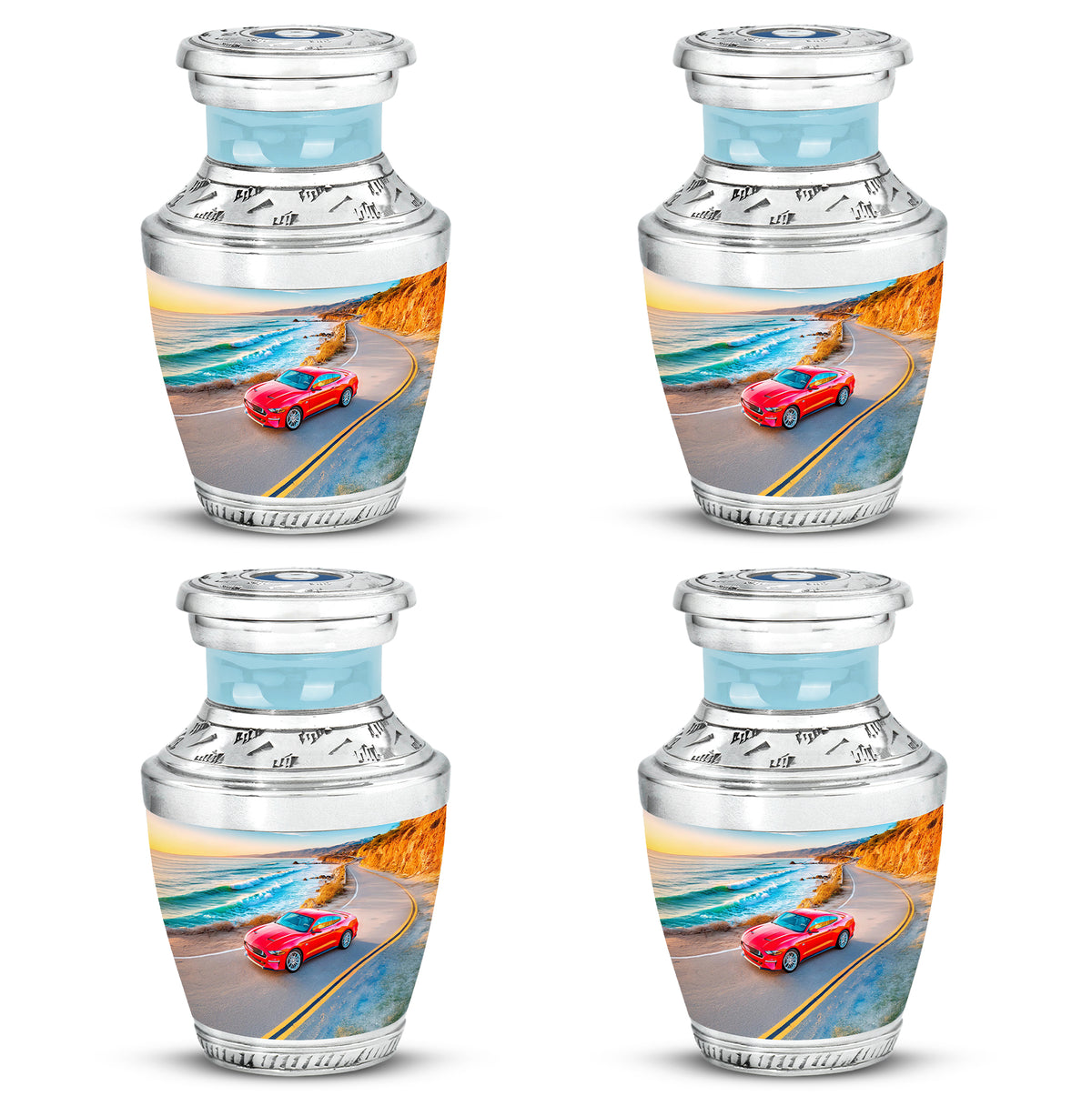 Indigo Car Cremation Urn back view with polished surface - contemporary car design with modern artistic flair - 10 inch aluminum urn for cremated remains