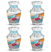 Indigo Car Cremation Urn back view with polished surface - contemporary car design with modern artistic flair - 10 inch aluminum urn for cremated remains