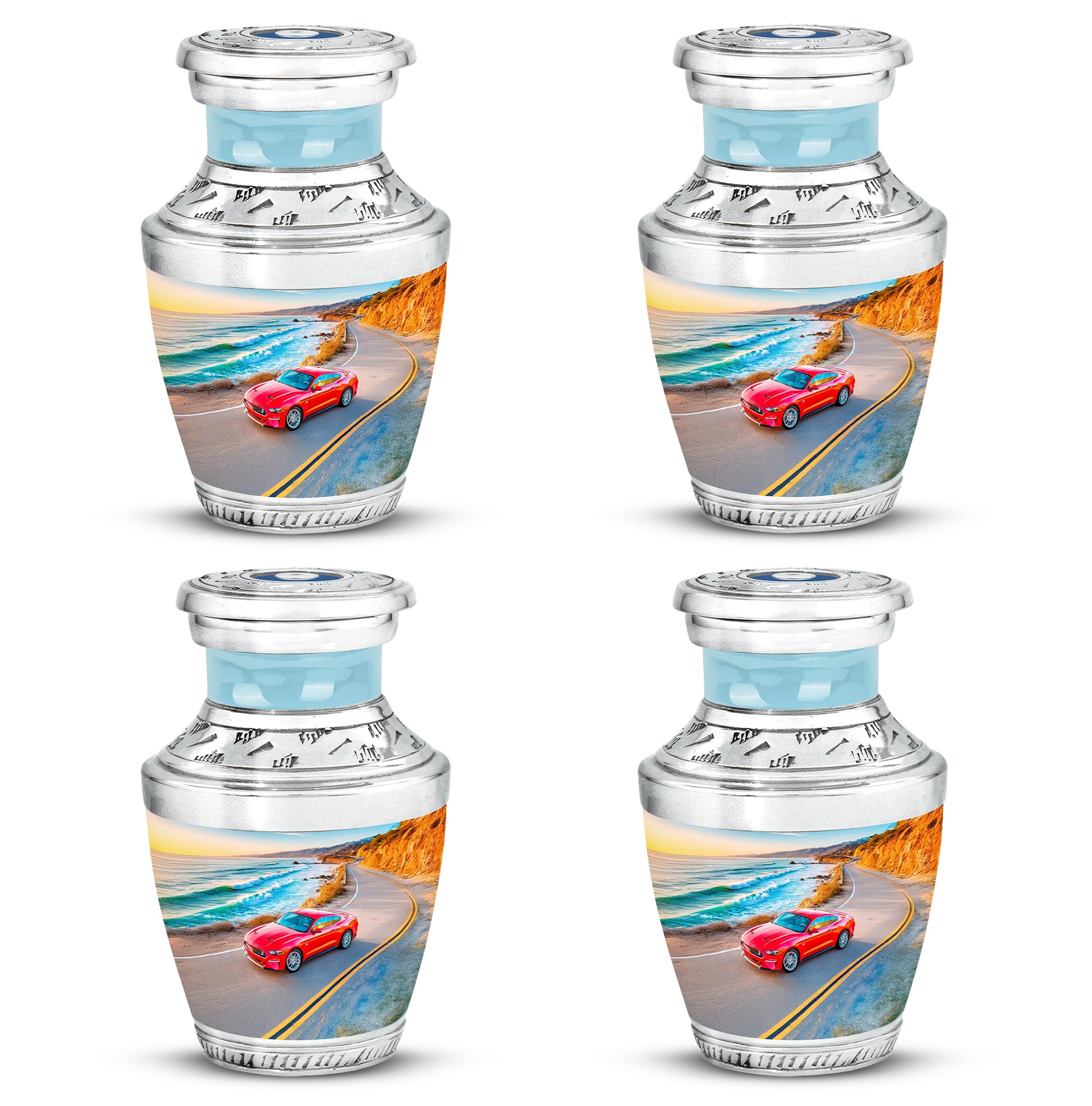 Indigo Car Cremation Urn back view with polished surface - contemporary car design with modern artistic flair - 10 inch aluminum urn for cremated remains