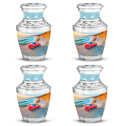 Indigo Car Cremation Urn back view with polished surface - contemporary car design with modern artistic flair - 10 inch aluminum urn for cremated remains