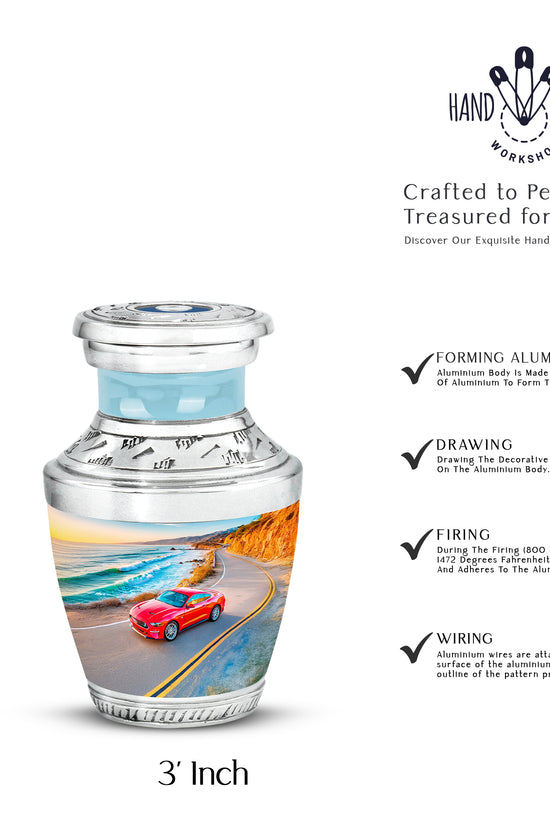 Calming Blue Car Cremation Urn top-down view of secure threaded lid - artistic car interpretation with creative detail - mini keepsake memorial for portion of cremation ashes