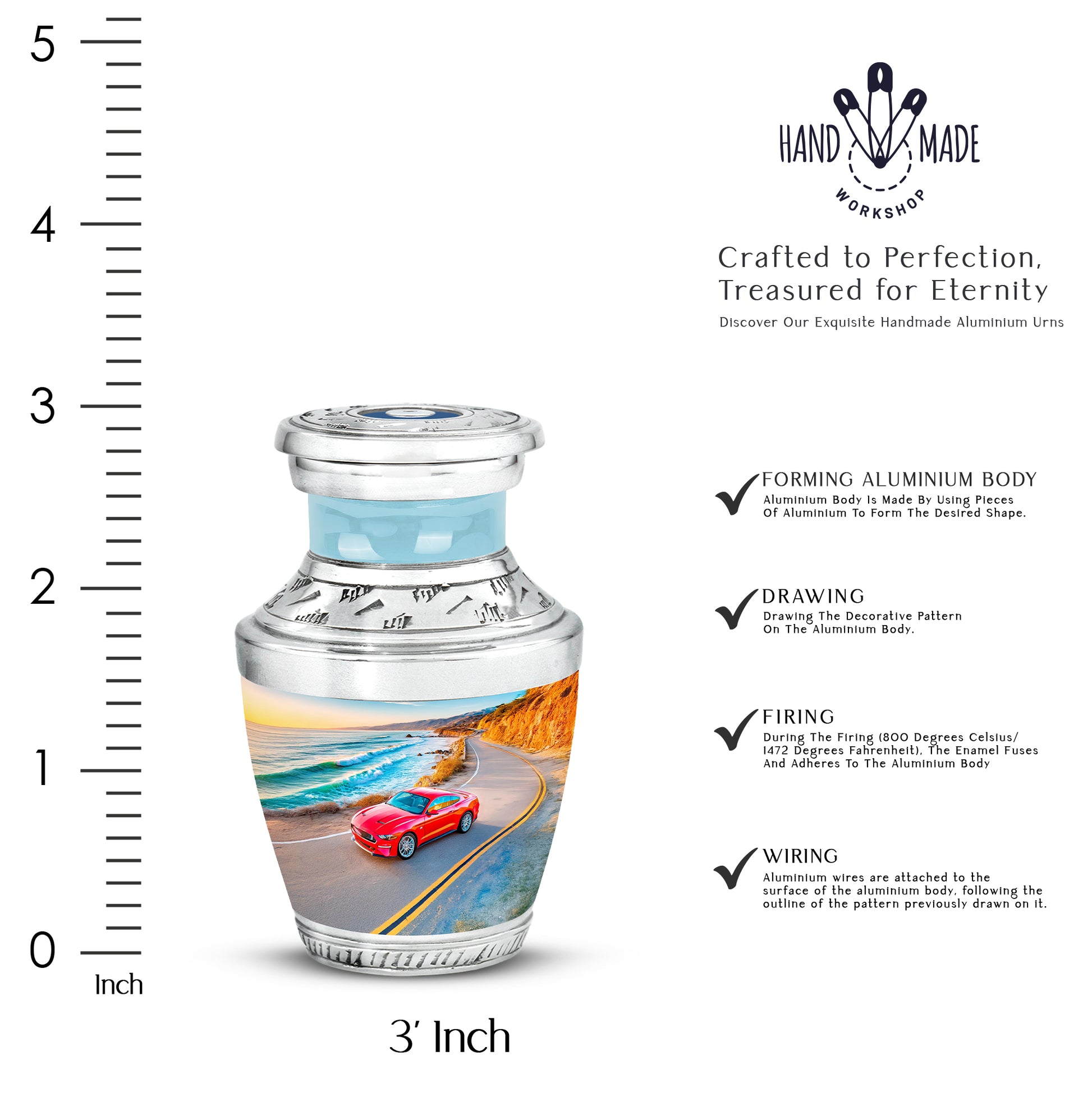 Calming Blue Car Cremation Urn top-down view of secure threaded lid - artistic car interpretation with creative detail - mini keepsake memorial for portion of cremation ashes