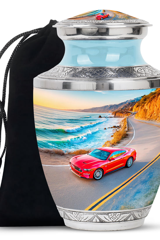 Azure Car Cremation Urn side profile showing urn shape - contemporary car design with modern artistic flair - full-size 10 inch 200 cubic inch adult cremation urn