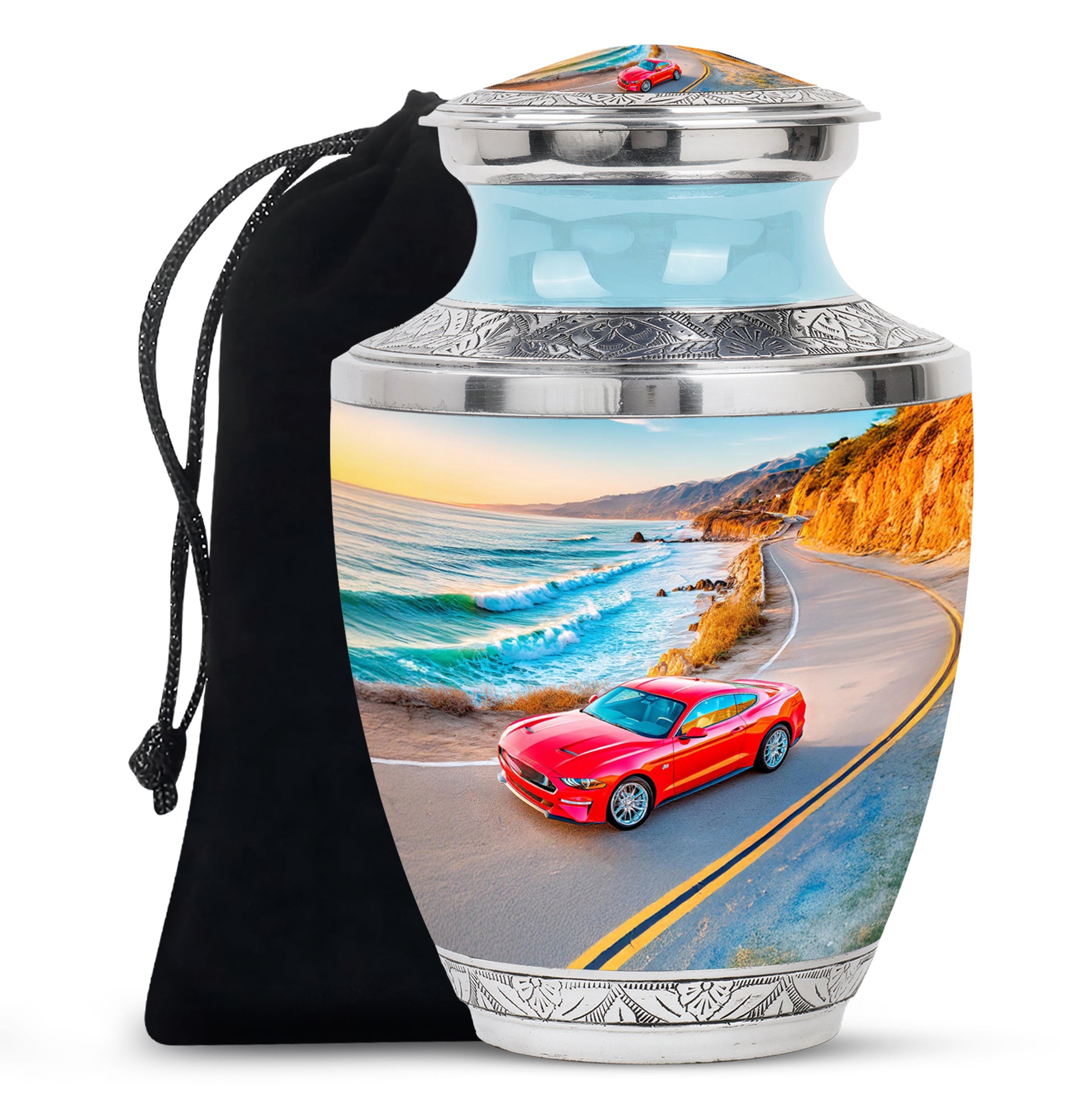 Azure Car Cremation Urn side profile showing urn shape - contemporary car design with modern artistic flair - full-size 10 inch 200 cubic inch adult cremation urn