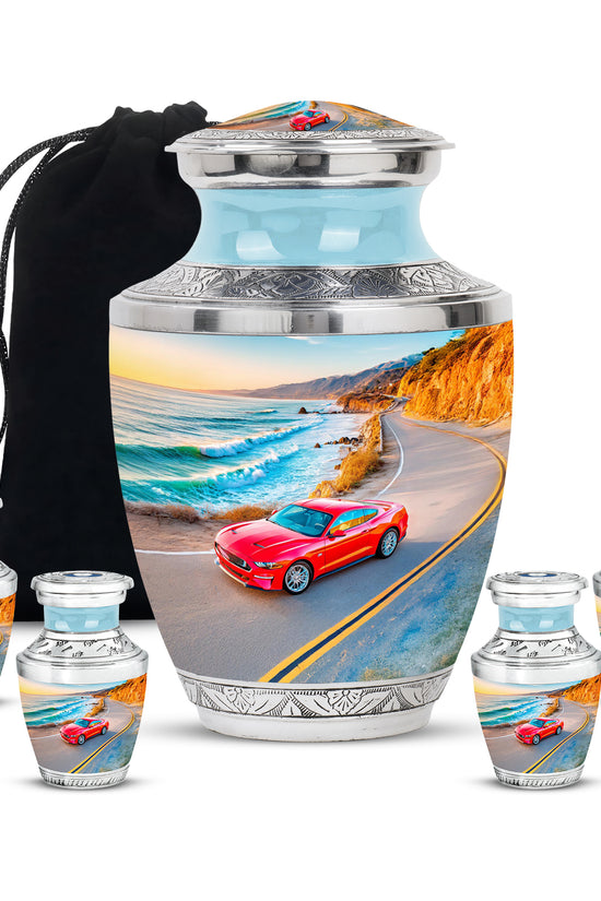 Powder Blue Car Cremation Urn lifestyle display on memorial shelf - modern art-inspired car motif on sleek aluminum - memorial set with one large and four small urns