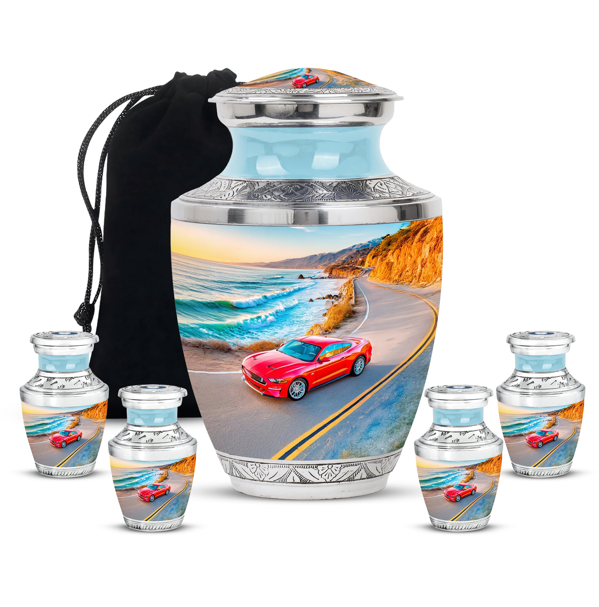 Powder Blue Car Cremation Urn lifestyle display on memorial shelf - modern art-inspired car motif on sleek aluminum - memorial set with one large and four small urns