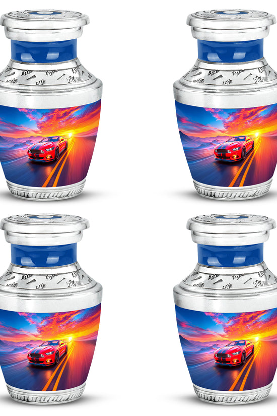 Vivid Blue Car Cremation Urn back view with polished surface - artistic car interpretation with creative detail - 10 inch aluminum urn for cremated remains