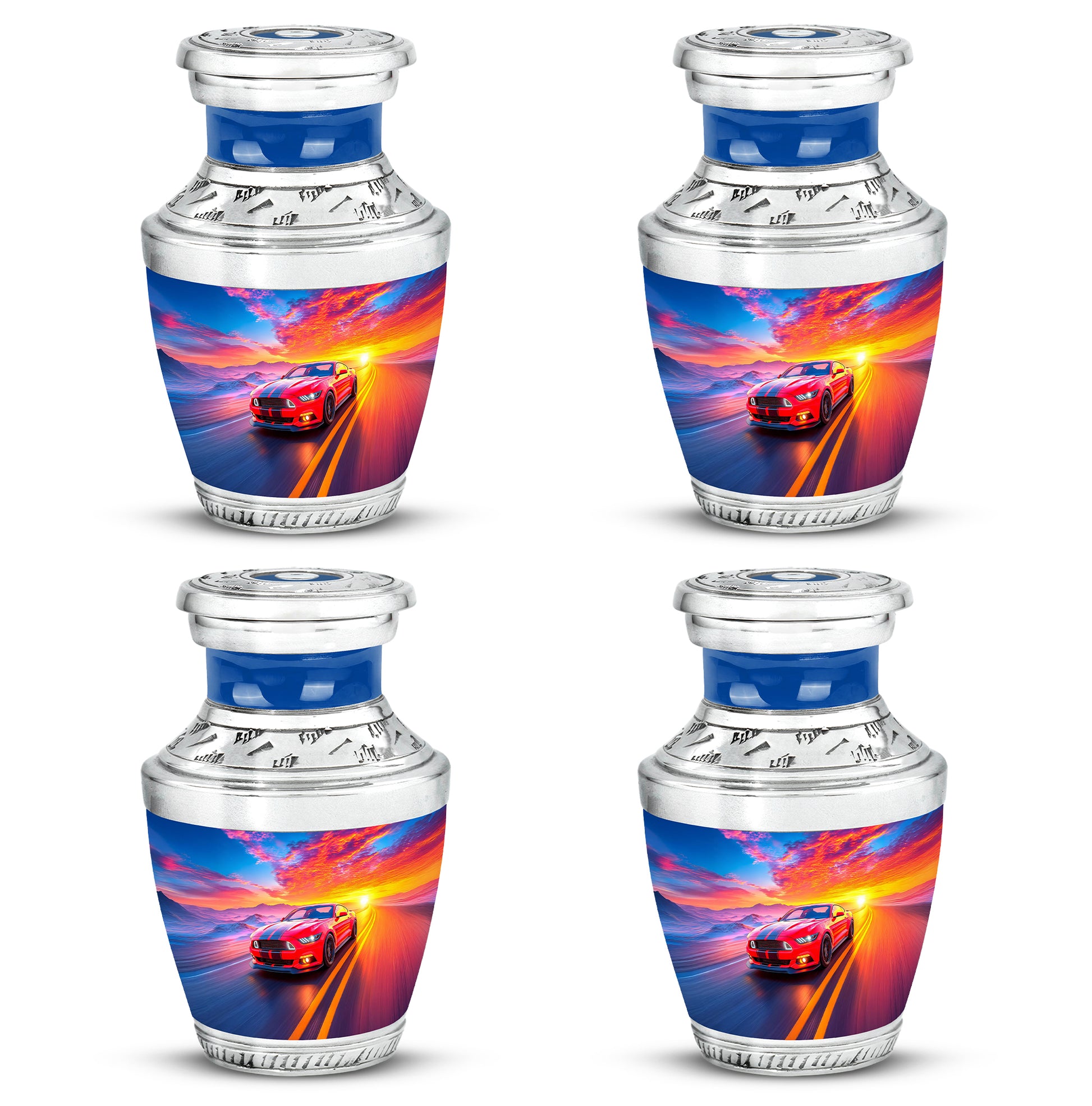 Vivid Blue Car Cremation Urn back view with polished surface - artistic car interpretation with creative detail - 10 inch aluminum urn for cremated remains