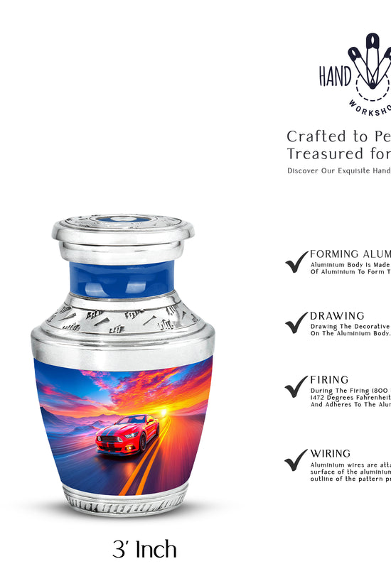 Serene Blue Car Cremation Urn top-down view of secure threaded lid - artistic car interpretation with creative detail - mini keepsake memorial for portion of cremation ashes