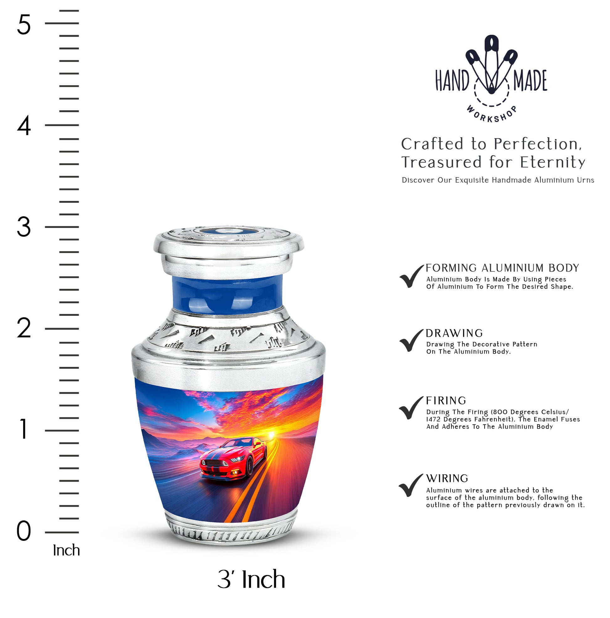 Serene Blue Car Cremation Urn top-down view of secure threaded lid - artistic car interpretation with creative detail - mini keepsake memorial for portion of cremation ashes