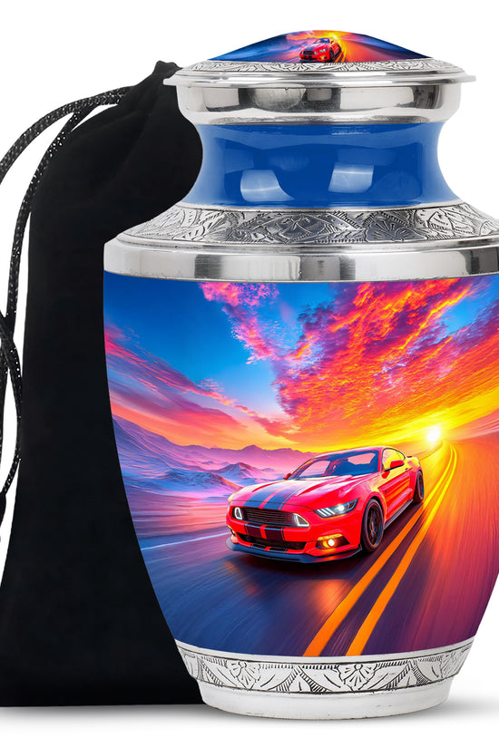 Misty Blue Car Cremation Urn side profile showing urn shape - contemporary car design with modern artistic flair - full-size 10 inch 200 cubic inch adult cremation urn