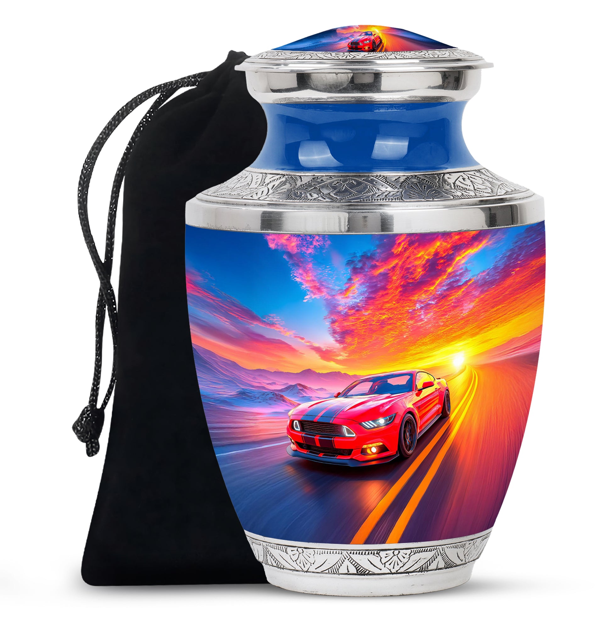 Misty Blue Car Cremation Urn side profile showing urn shape - contemporary car design with modern artistic flair - full-size 10 inch 200 cubic inch adult cremation urn