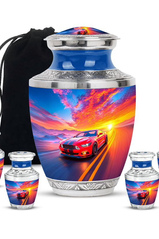 Powder Blue Car Cremation Urn lifestyle display on memorial shelf - contemporary car design with modern artistic flair - memorial set with one large and four small urns