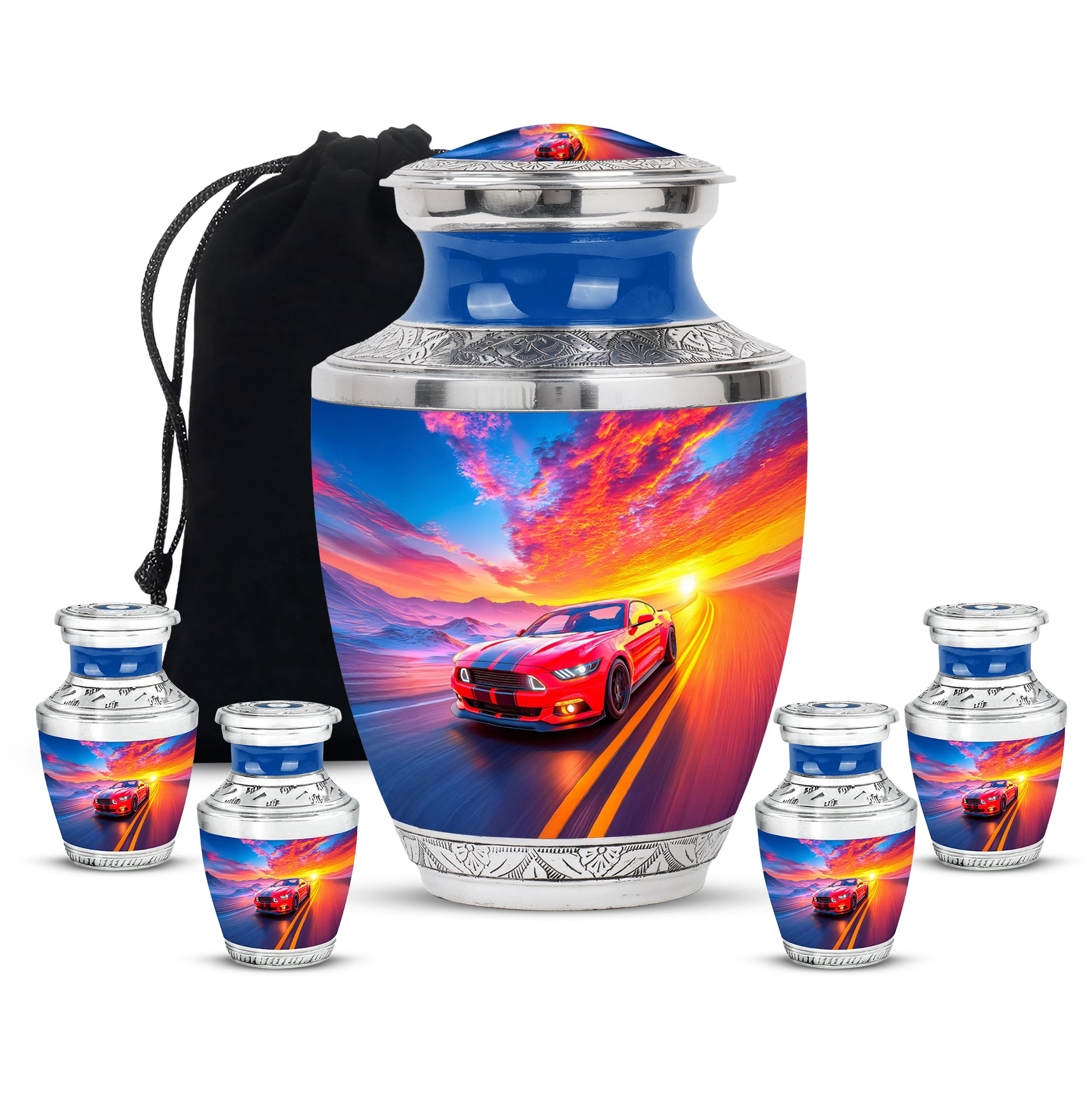Powder Blue Car Cremation Urn lifestyle display on memorial shelf - contemporary car design with modern artistic flair - memorial set with one large and four small urns