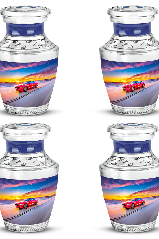 Dusty Blue Car Cremation Urn back view with polished surface - modern art-inspired car motif on sleek aluminum - 10 inch aluminum urn for cremated remains