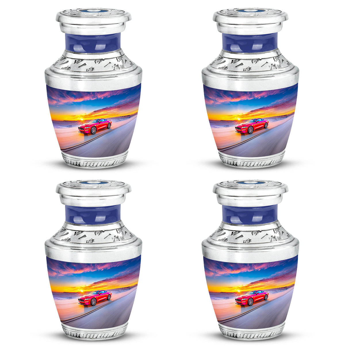 Dusty Blue Car Cremation Urn back view with polished surface - modern art-inspired car motif on sleek aluminum - 10 inch aluminum urn for cremated remains