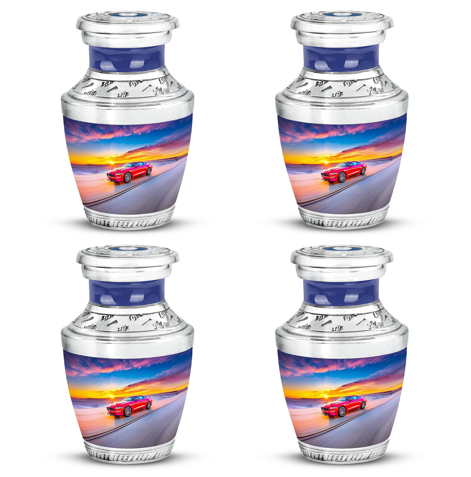 Dusty Blue Car Cremation Urn back view with polished surface - modern art-inspired car motif on sleek aluminum - 10 inch aluminum urn for cremated remains