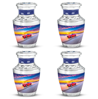 Dusty Blue Car Cremation Urn back view with polished surface - modern art-inspired car motif on sleek aluminum - 10 inch aluminum urn for cremated remains
