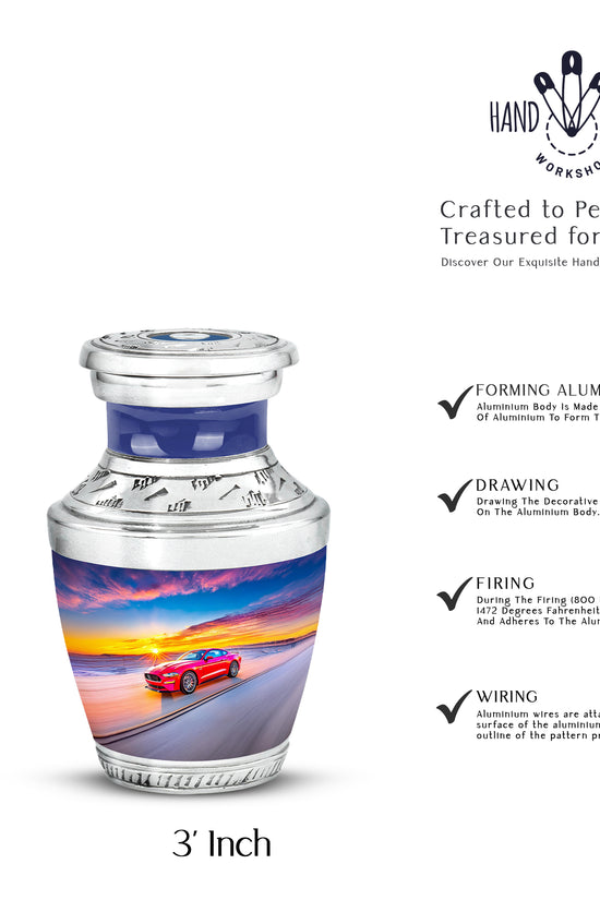 Azure Car Cremation Urn top-down view of secure threaded lid - modern art-inspired car motif on sleek aluminum - mini keepsake memorial for portion of cremation ashes