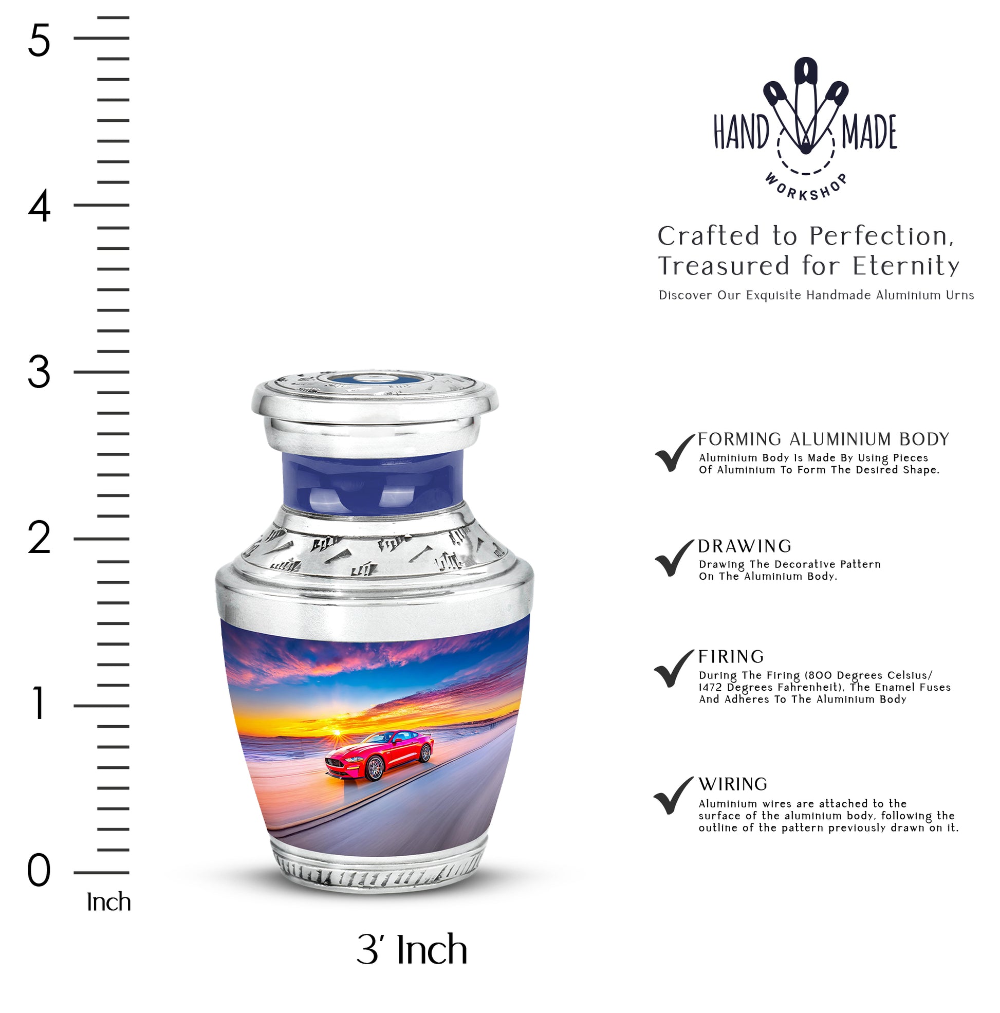 Azure Car Cremation Urn top-down view of secure threaded lid - modern art-inspired car motif on sleek aluminum - mini keepsake memorial for portion of cremation ashes