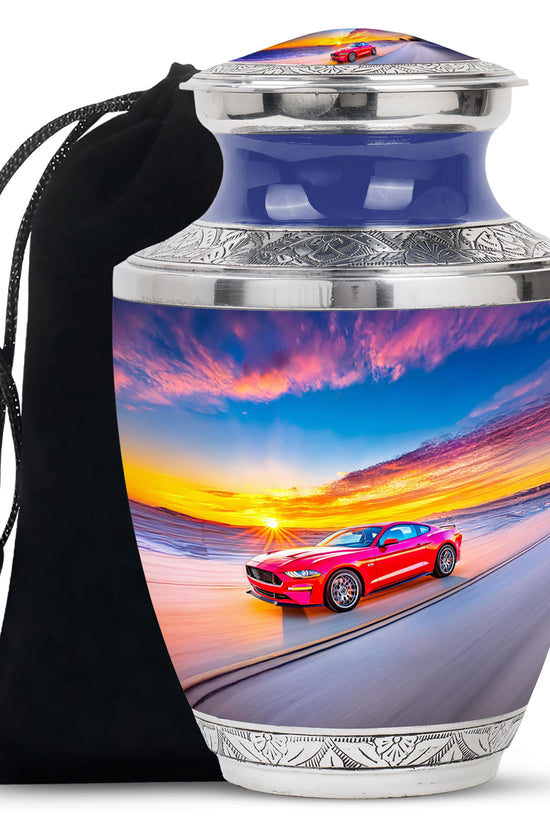 Slate Blue Car Cremation Urn side profile showing urn shape - contemporary car design with modern artistic flair - full-size 10 inch 200 cubic inch adult cremation urn