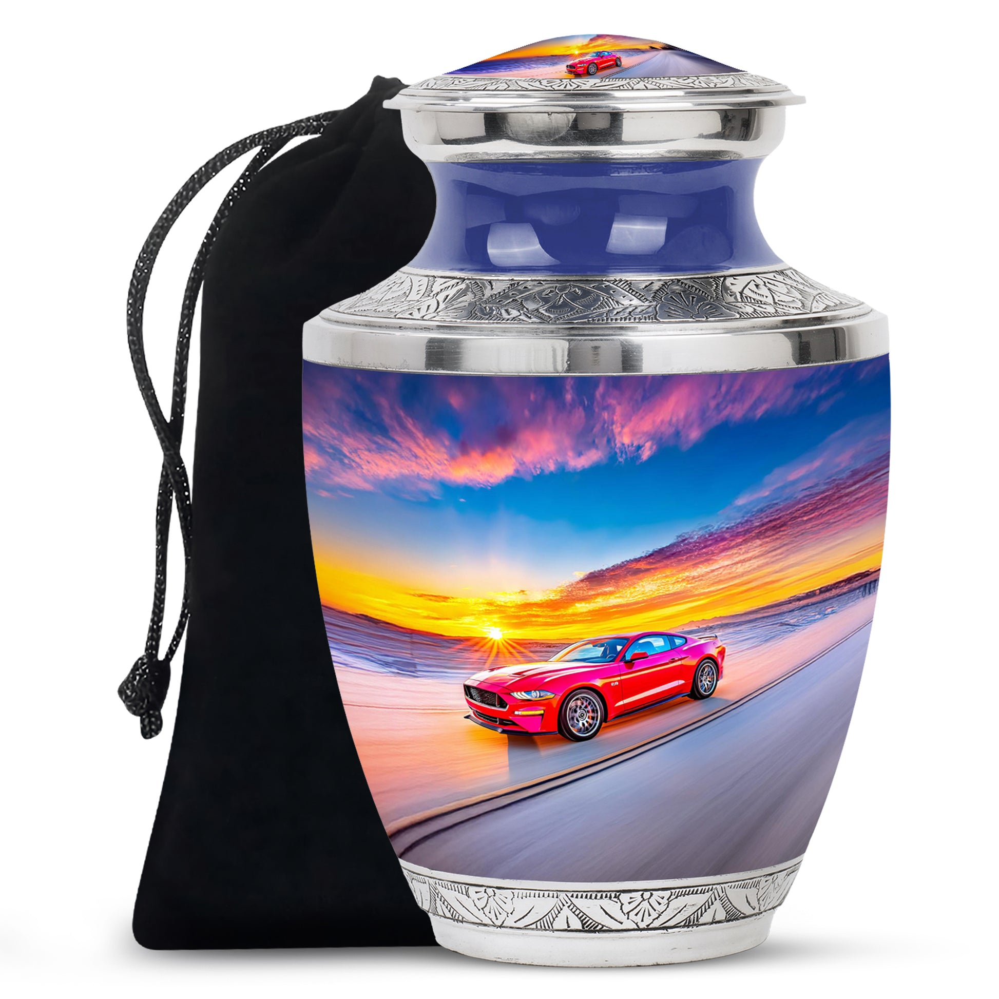 Slate Blue Car Cremation Urn side profile showing urn shape - contemporary car design with modern artistic flair - full-size 10 inch 200 cubic inch adult cremation urn