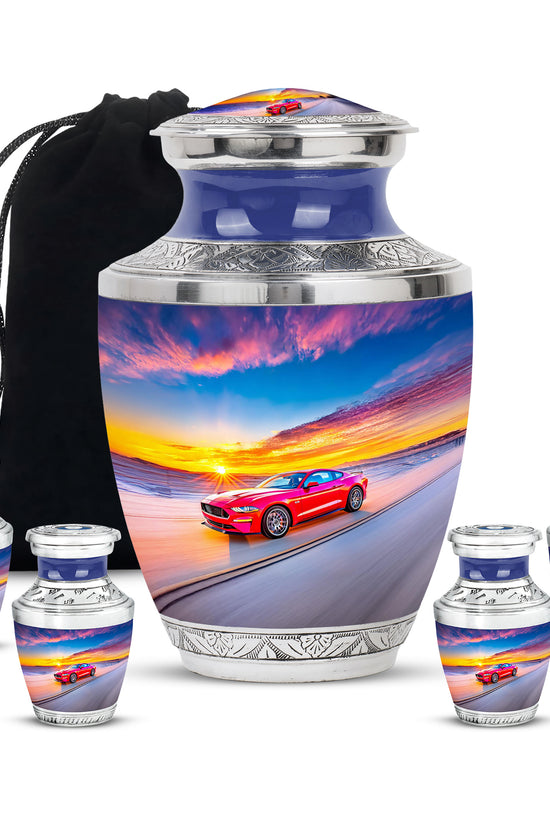 Dusty Blue Car Cremation Urn lifestyle display on memorial shelf - contemporary car design with modern artistic flair - memorial set with one large and four small urns