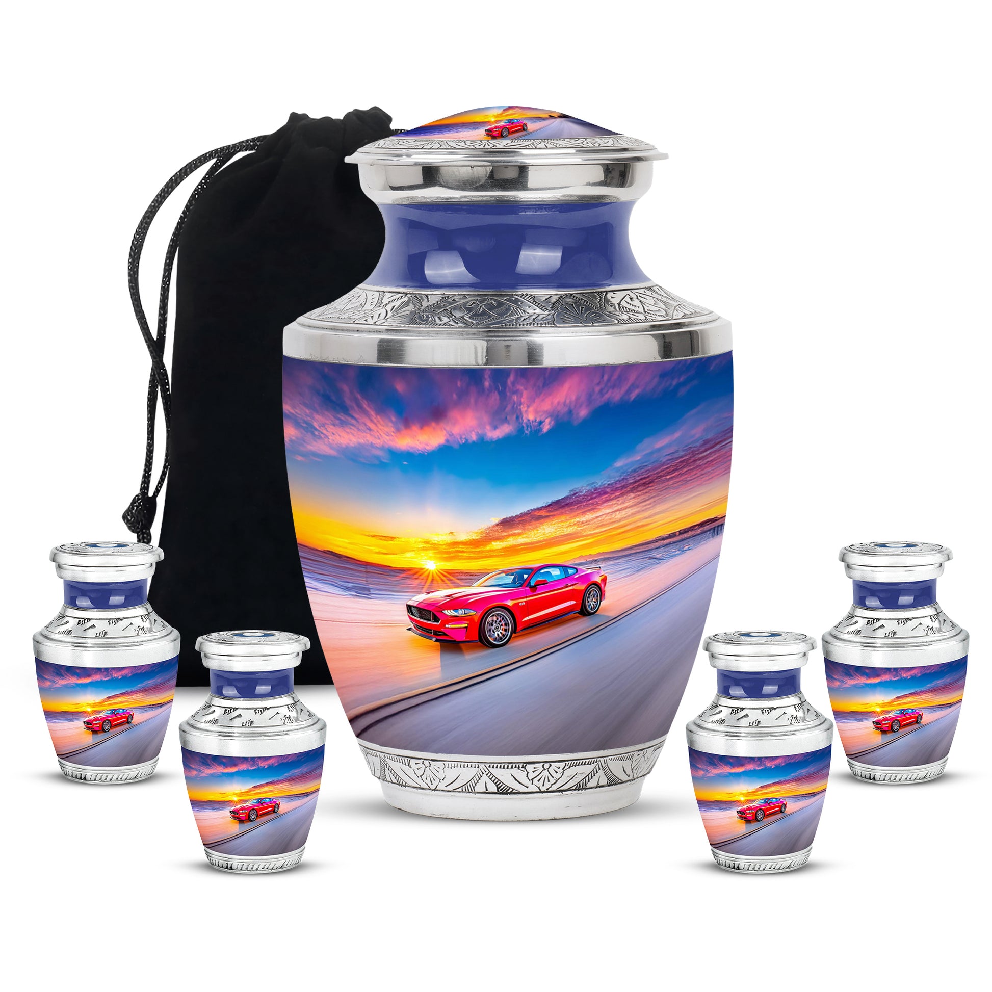 Dusty Blue Car Cremation Urn lifestyle display on memorial shelf - contemporary car design with modern artistic flair - memorial set with one large and four small urns