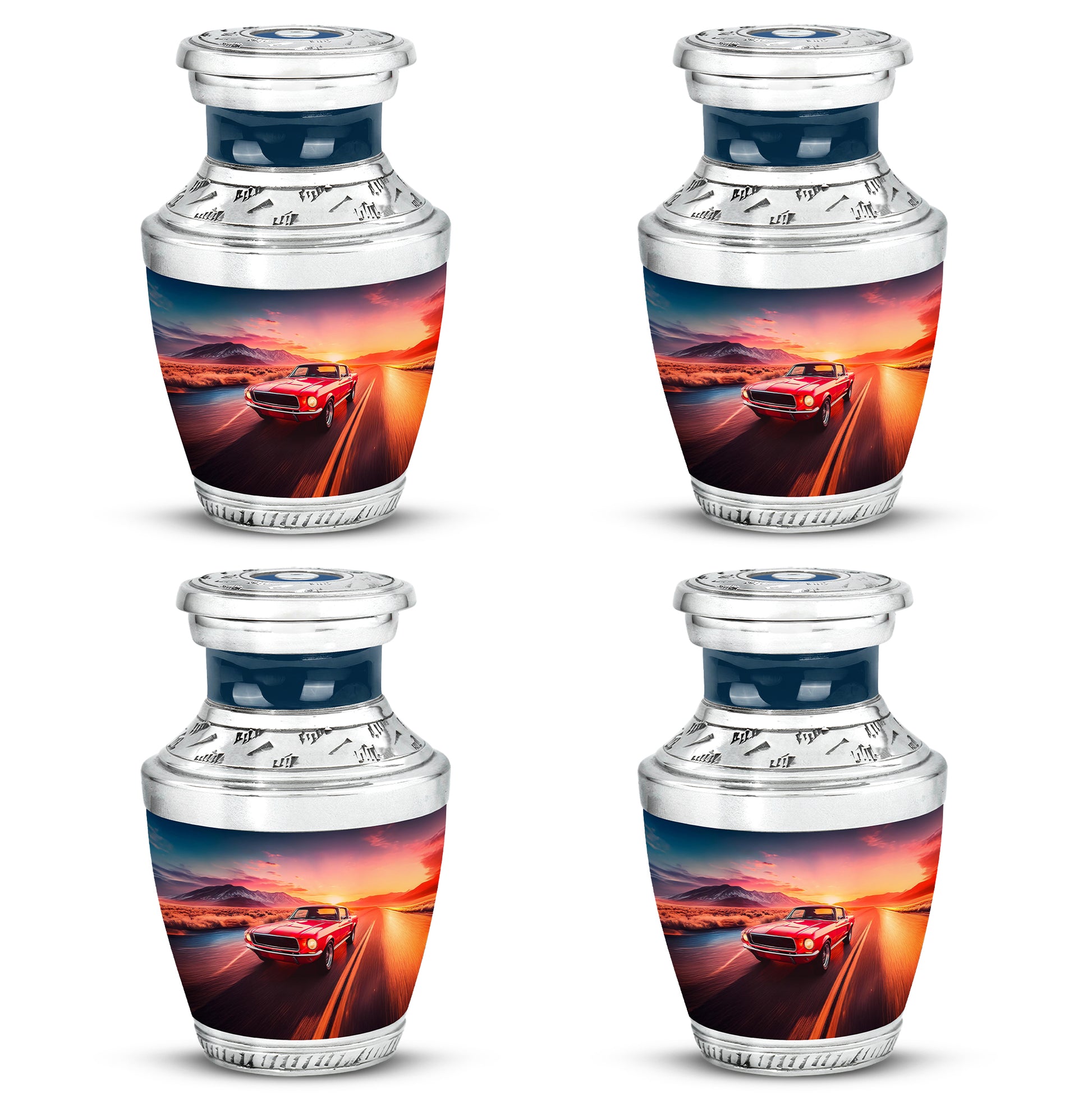 Pastel Blue Car Cremation Urn back view with polished surface - modern art-inspired car motif on sleek aluminum - 10 inch aluminum urn for cremated remains