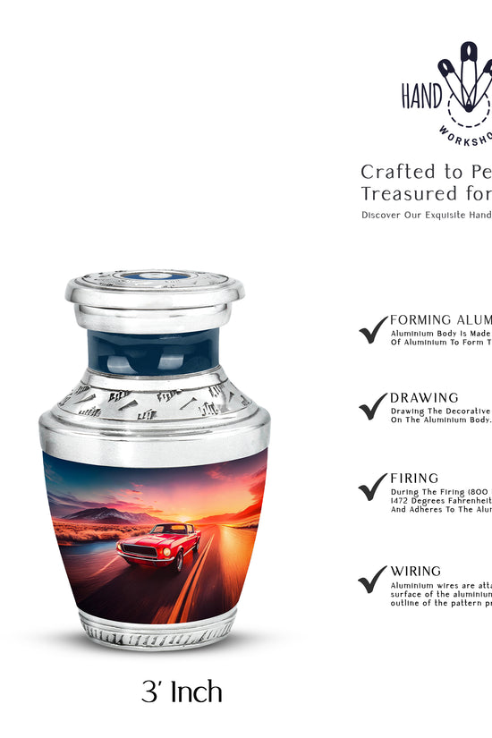 Powder Blue Car Cremation Urn top-down view of secure threaded lid - modern art-inspired car motif on sleek aluminum - mini keepsake memorial for portion of cremation ashes
