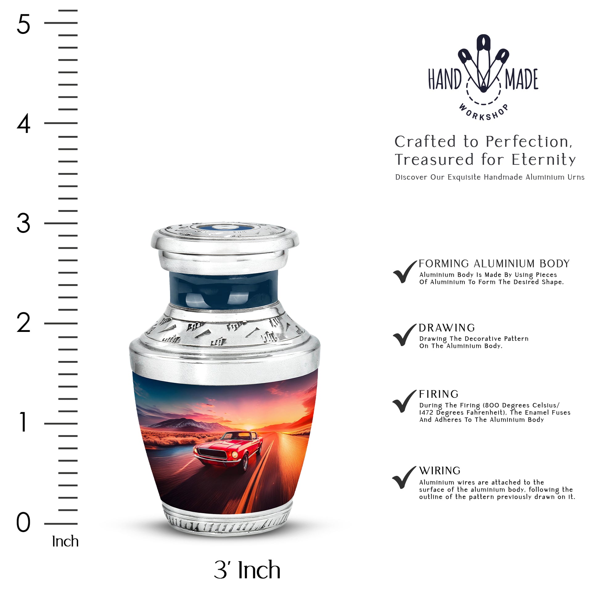 Powder Blue Car Cremation Urn top-down view of secure threaded lid - modern art-inspired car motif on sleek aluminum - mini keepsake memorial for portion of cremation ashes