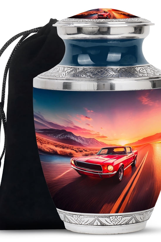 Cornflower Blue Car Cremation Urn side profile showing urn shape - stylized abstract car pattern with bold lines - full-size 10 inch 200 cubic inch adult cremation urn