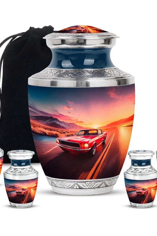 Sapphire Blue Car Cremation Urn lifestyle display on memorial shelf - artistic car interpretation with creative detail - memorial set with one large and four small urns
