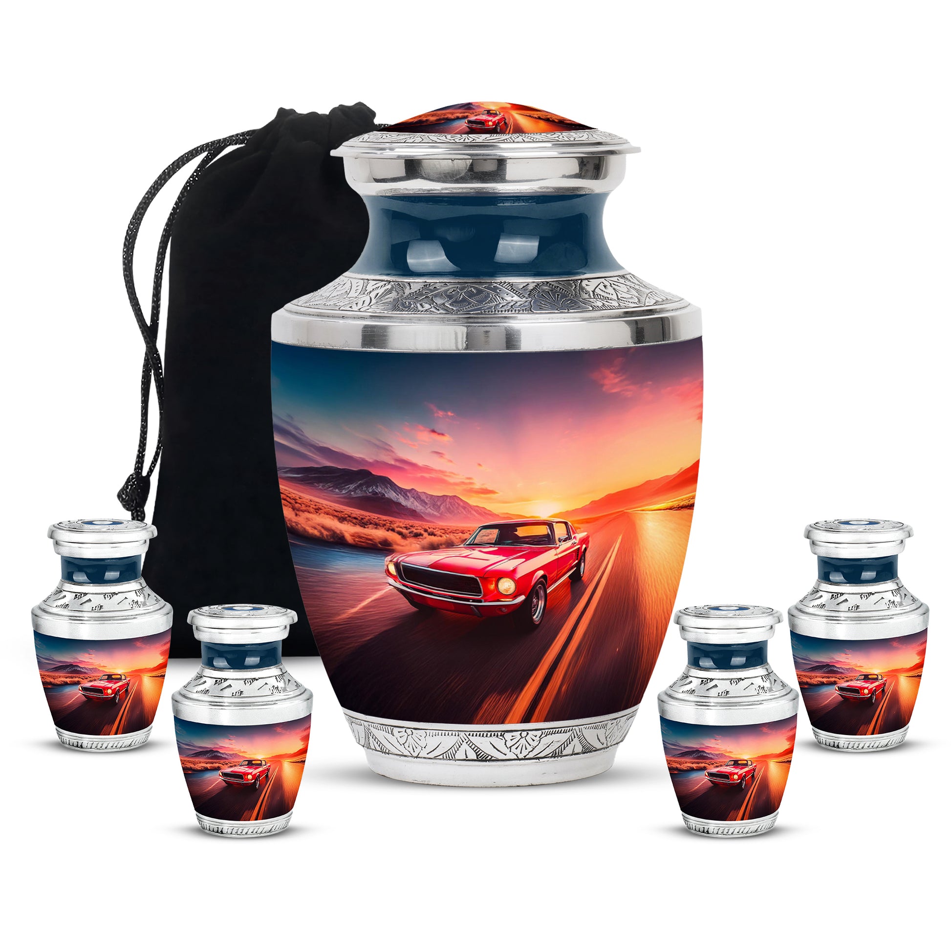 Sapphire Blue Car Cremation Urn lifestyle display on memorial shelf - artistic car interpretation with creative detail - memorial set with one large and four small urns